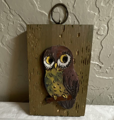 Vintage 1970s Darlene Thiesies Clay & Wood Owl Wall Plaque Handmade Folk Art
