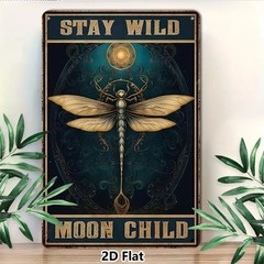 Stay Wild Moon Child Metal Sign – Artistic Dragonfly Tin Wall Decor Plaque