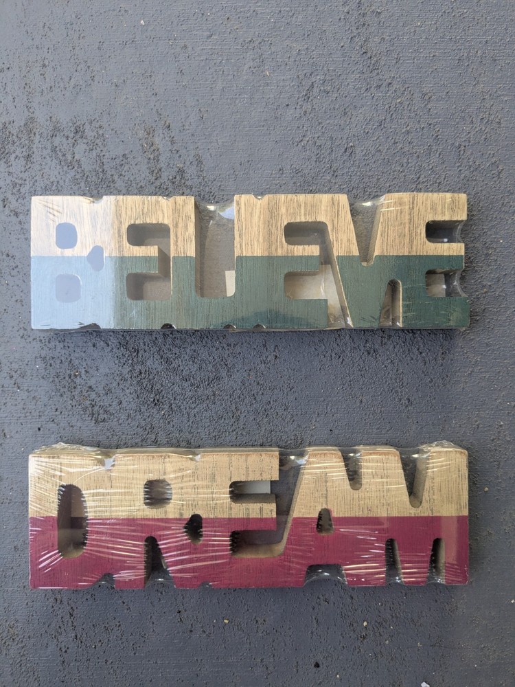 Wooden Green-Striped Believe and Red-Striped Dream Signs (Still in Plastic)