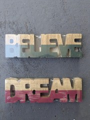 Wooden Green-Striped Believe and Red-Striped Dream Signs (Still in Plastic)