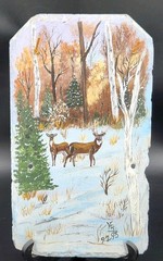 Vintage Hanging Slate Hand Painted Deer in Winter Forest RUSTIC CABIN LIFE 14.5″