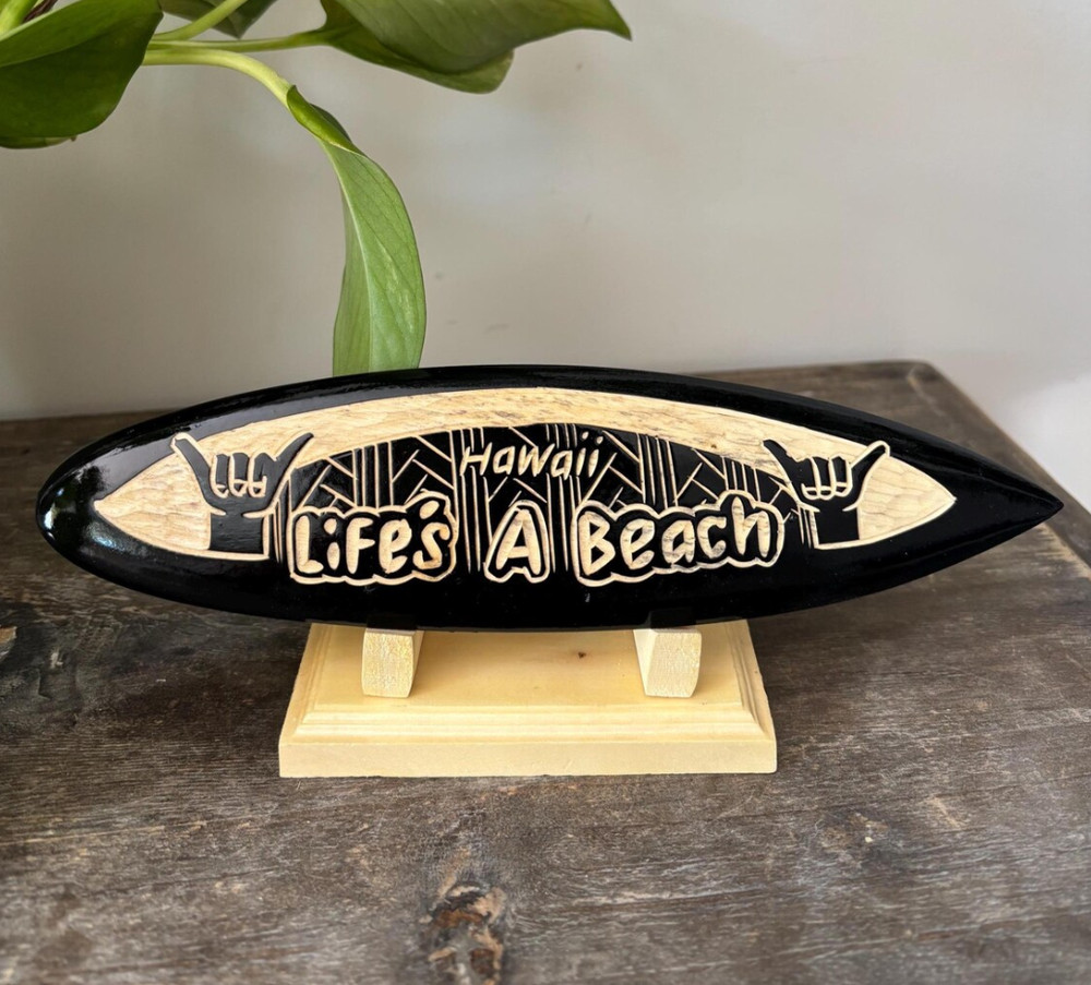 Hawaiian Hand Made 8″ Carved Wood Surfboard Display Stand LIFE’S A BEACH Shaka