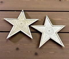 Whitewashed Tin Wood Framed Stars Set Of 2 Rustic Wall Hanging 18”