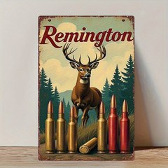 2D Flat – 1pc Vintage Remington Deer & Bullets Metal Sign – Retro Hunting Decor