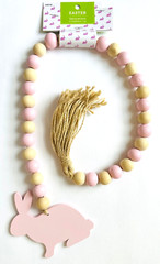 31.5″ Pink Bunny Wooden Bead Garland Tasseled Tiered Tray Easter Spring Decor