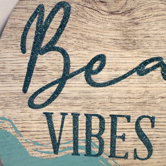 New 12” Beach Vibes Only Teal Blue Glitter Letters Woodgrain Round Hanging Sign