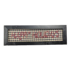 Primitive Rustic Farmhouse Happy Holidays Embroidered Black Wooden Gingham Sign