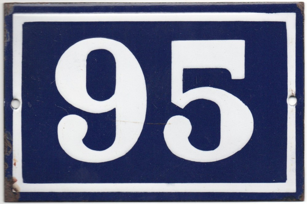 Old blue French house number 95 door gate plate plaque enamel steel metal sign