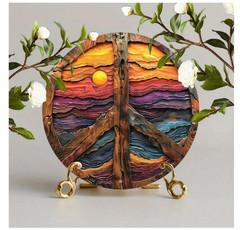 Vintage Peace Sign Wall Art, 8×8 Inch Iron Metal Plaque, Colorful Floral Design,