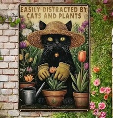 Easily Distracted by Cats Plants Metal Tin Sign 8×12 Vintage Cat Wall Decor Gift