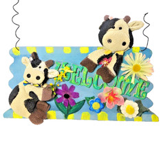 Cow-themed Welcome Sign/ Outdoor Decor w/ Cloth Cows and Flowers- Wire hanger