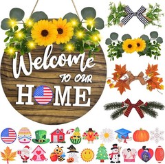Interchangeable Welcome Home Sign, Front Door Decor With 4 Seasonal Wreaths a…