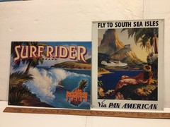 Lot of 2 Fly To South Sea Isles Via Pan American Surfrider Hawaii metal tin sign