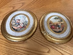 VINTAGE PAIR OF OVAL WOODEN COLORFUL PAINTINGS WITH GOLD BORDER SEE PHOTOS