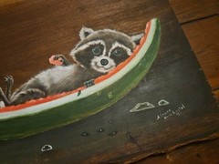 1980s Hand Painted Wood Hanging Plaque Raccoon On Watermelon 16×12