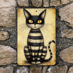 Black Striped Cat Wall Art – Gothic Halloween Decor – Vintage-Style Cat Sign