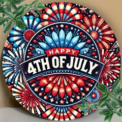 Patriotic Metal Wall Art Aluminum Sign 8 Inch Round Funny Fireworks Stars