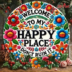 2D Flat, Printing, Country Style Tin Metal Signs 8x8in, ‘Welcome to My Happy Pla