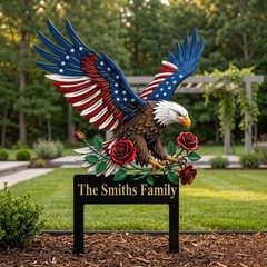 Personalized American Eagle Metal Sign with Stake, Floral Patriotic Garden Gift
