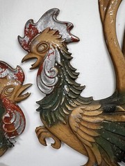 Vtg MCM Pair MIDWEST Metal Fighting Rooster Plaques Wall Barn Gamecocks USA