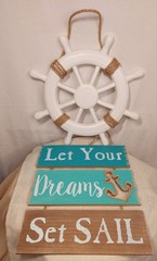 Set Of 2 Beach Lake House Rustic Wall Decor Signs Sail Anchor Ship Wheel