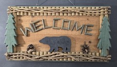 Vintage Black Bear & Pine Trees 18″x10″ All Wood “Welcome” Cabin Decor Sign