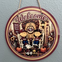 San Francisco 49ers Lucy Snoopy Charlie Welcome Door Sign 10” Hanging Aluminum