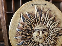 Sun Face Art Pottery 3D 9″ Wall Plaque Signed Broun ’76 Handmade Sunshine Gramps