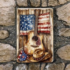 Patriotic Guitar & Cowboy Hat Metal Sign 8×12 – American Western Decor