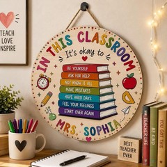Personalized Teacher Door Hanger, Inspirational Rainbow Classroom Sign Gift