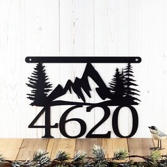 Hanging Metal House Number Plaque with Mountains and Pine Trees
