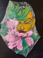 Handpainted Buddha Floral Wall Decor Plaque, Wood, Pink Yellow Green.