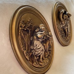 Vintage Decor 2 Wall Plaques Heavy Bronze Colored Painted Chalk Or Plaster Heavy