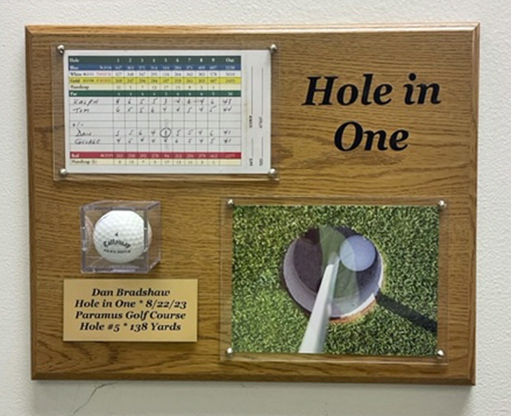 Personalized Golf Hole In One Display plaque 15″x12″ with your scorecard, ball