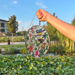 Flowers & Birds Stained Glass Style Wall and Window Decoration, Sun Catcher Wall
