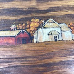 Vintage Hand Painted Farm Barn Windmill Scene Wood Plank Folk Art Wall Hanging