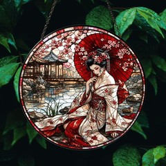 Japanese Geisha Stained Glass Sakura Umbrella Window Hanging, Orient