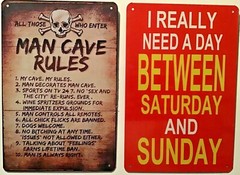 TWO 8×12 TIN SIGNS Man cave rules funny sports dogs Saturday Sunday weekend wall