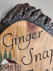 Rustic Wall Hanging Log Slice with Ginger Snap Acres & Log Cabin On It