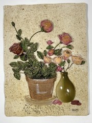 Vintage Cheri Blum Art 3D Rose Floral Vase Tile Wall Plaque Set of Two