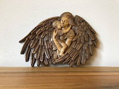 Beautiful Angel with baby, wooden carved, Baptism christian gift for child,