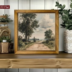 Vintage Watercolor Country Dirt Road Tree Landscape Wooden Plaque Wall Decor