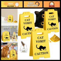 Humorous Cat Vomit Caution Signs – 3 Pack Double-Sided Desk Decor, Gag Gift for