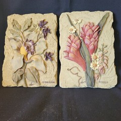 SET OF 2 CHERI BLUM WALL PLAQUES CYMBIDIUM ORCHIDS AND GINGER 3-D 6.25 X 4.25 IN