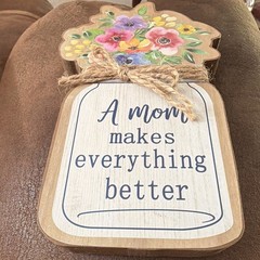 Wood Hanging Mason Jar Plaque “A Mom Makes Everything Better” Floral Farmhouse
