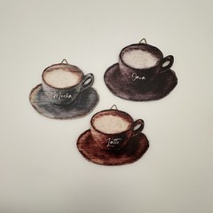 3 Piece Set Coffee Cup Shaped Wooden Wall Art Signs Labeled Latte Mocha Java