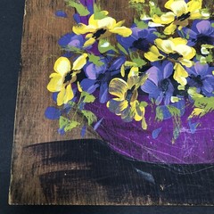 Hand Painted purple yellow Pansies Violets Reclaimed Wood Farmhouse Rustic Cabin