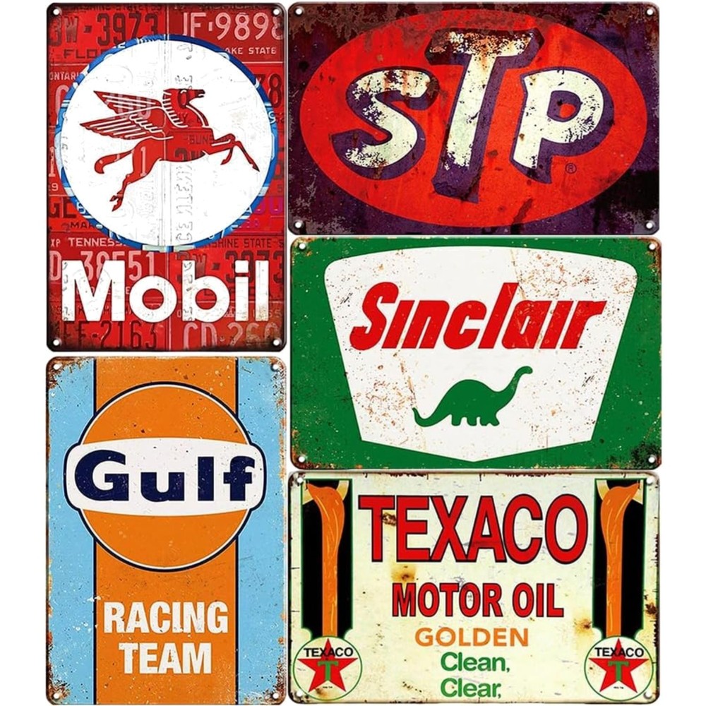 5-Piece Set of Vintage Metal Signs – Ideal for Old Car Shops and Garages