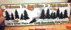 Novelty Metal Sign – Welcome to Our Place In The Woods – 10.5 x 3.5 inches