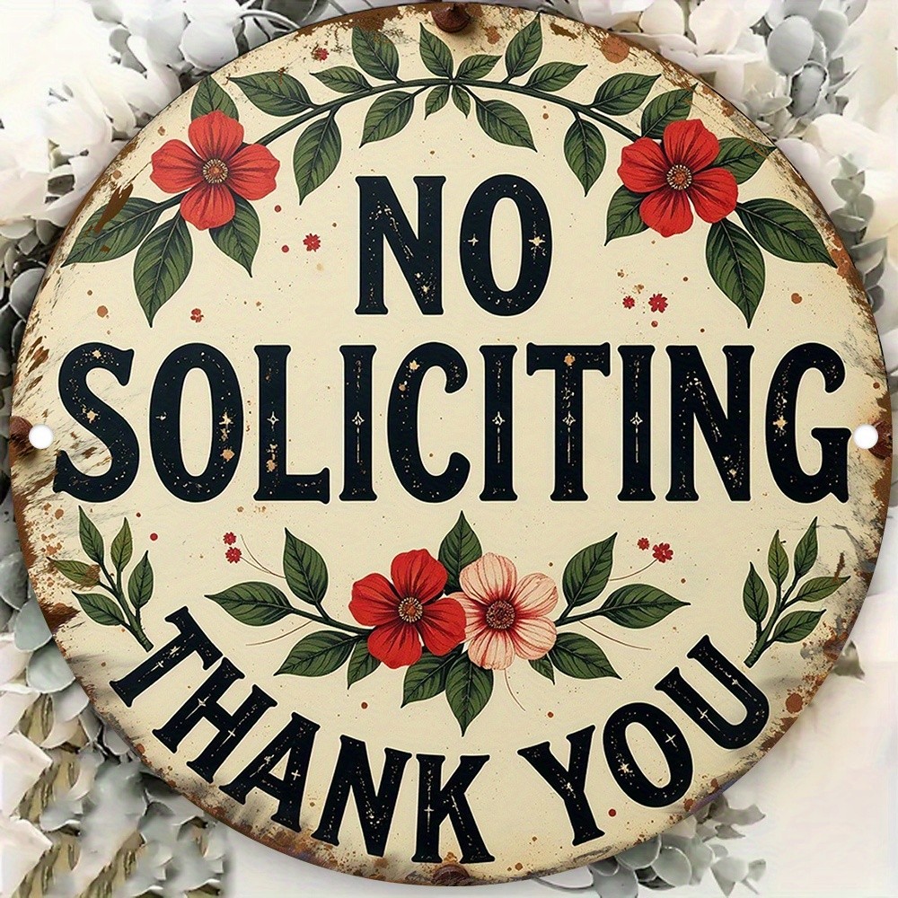 Vintage No Soliciting Metal Sign Red Floral Accent For Entryway And Porch Decor